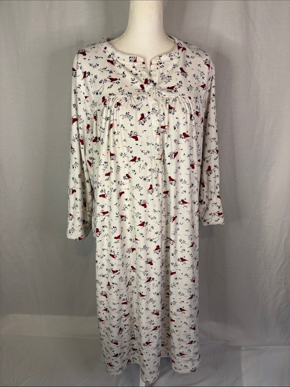 Aria Cottagecore Grannycore White Nightgown with Redbirds and Gray Floral Print